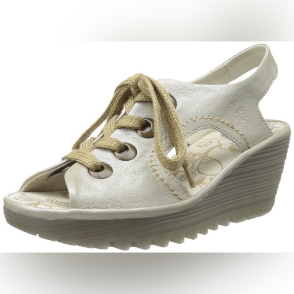 Fly London Wedge Heel Platform Lace Up Gold Shimmer Sandal Size 10 - Picture 1 of 11